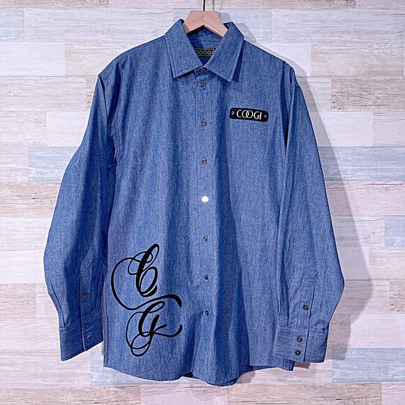 COOGI Cursive Logo Denim Shirt Blue Button Down Long Sleeve Cotton Mens Large - Picture 1 of 7